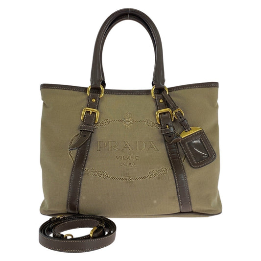 PRADA Tote Bag Canvas, Leather Khaki Brown Gold Metal Tote Bag Shoulder Bag Logo jacquard Triangle With logo Women Used Authentic