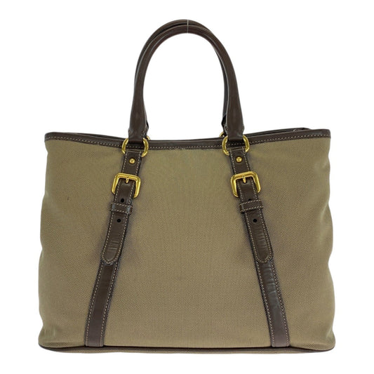 PRADA Tote Bag Canvas, Leather Khaki Brown Gold Metal Tote Bag Shoulder Bag Logo jacquard Triangle With logo Women Used Authentic