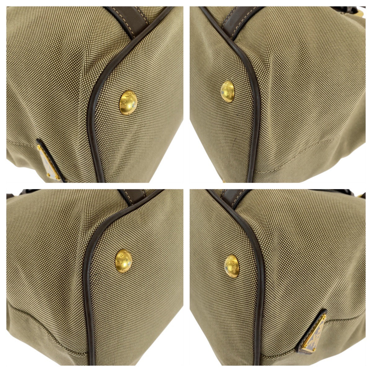 PRADA Tote Bag Canvas, Leather Khaki Brown Gold Metal Tote Bag Shoulder Bag Logo jacquard Triangle With logo Women Used Authentic