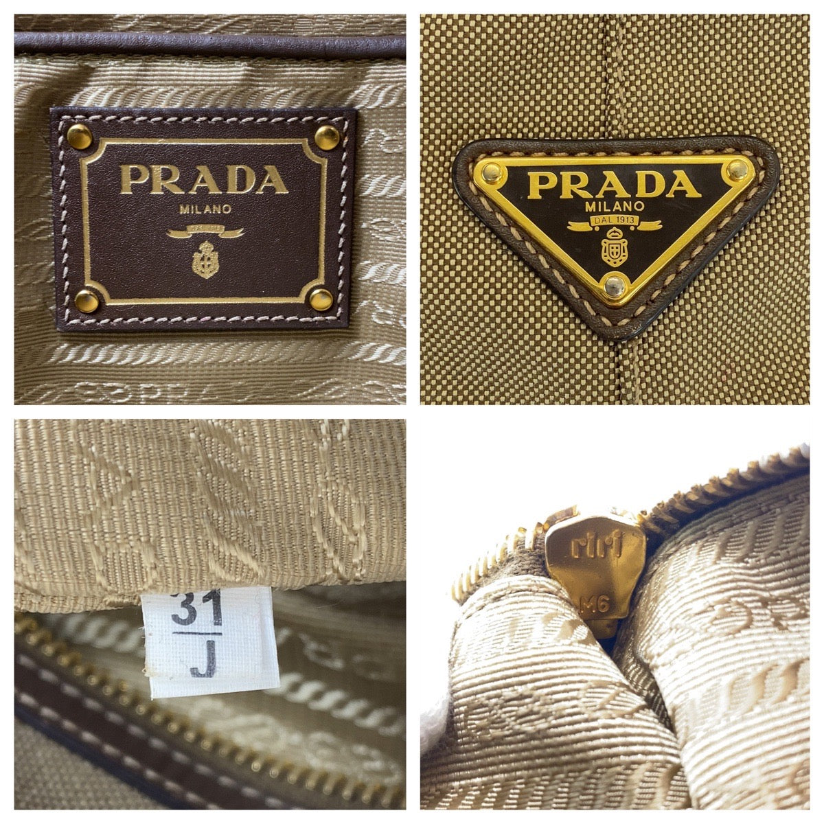 PRADA Tote Bag Canvas, Leather Khaki Brown Gold Metal Tote Bag Shoulder Bag Logo jacquard Triangle With logo Women Used Authentic