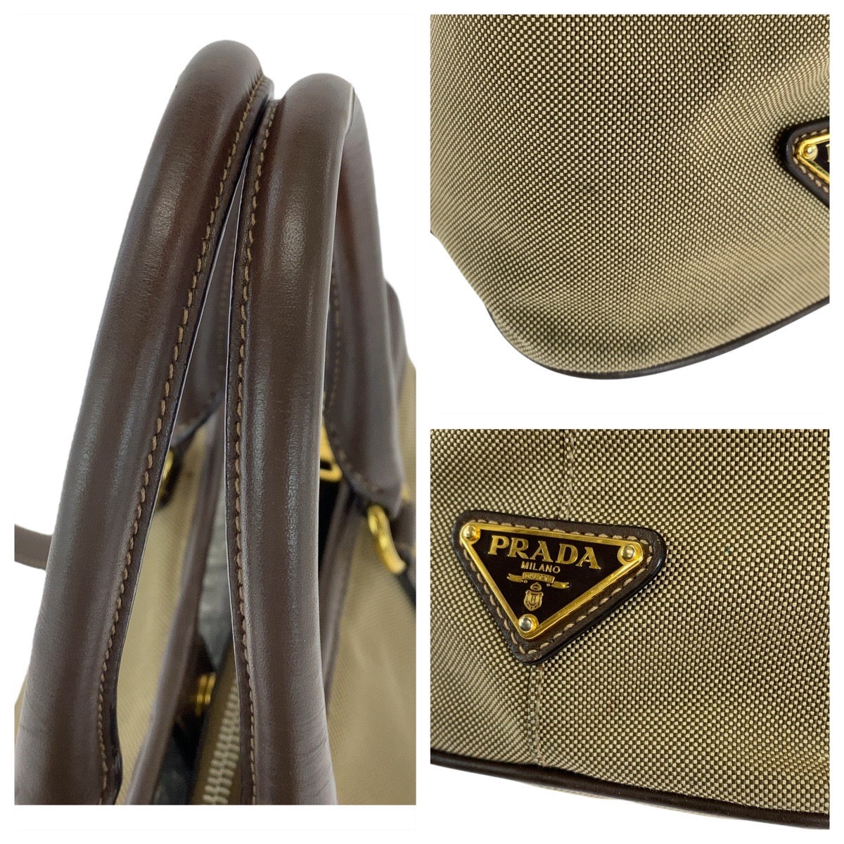 PRADA Tote Bag Canvas, Leather Khaki Brown Gold Metal Tote Bag Shoulder Bag Logo jacquard Triangle With logo Women Used Authentic