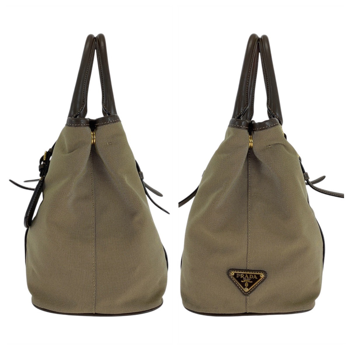 PRADA Tote Bag Canvas, Leather Khaki Brown Gold Metal Tote Bag Shoulder Bag Logo jacquard Triangle With logo Women Used Authentic