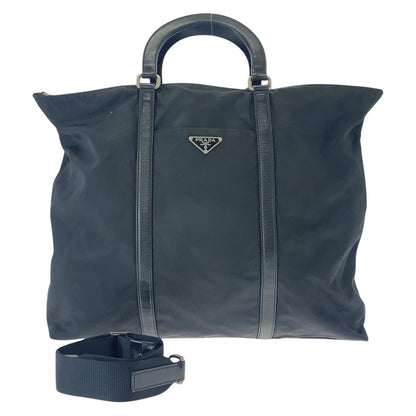 PRADA Tote Bag Nylon Black SilverMetal Tote Bag Shoulder Bag 2WAY Test Triangle With logo mens Used Authentic