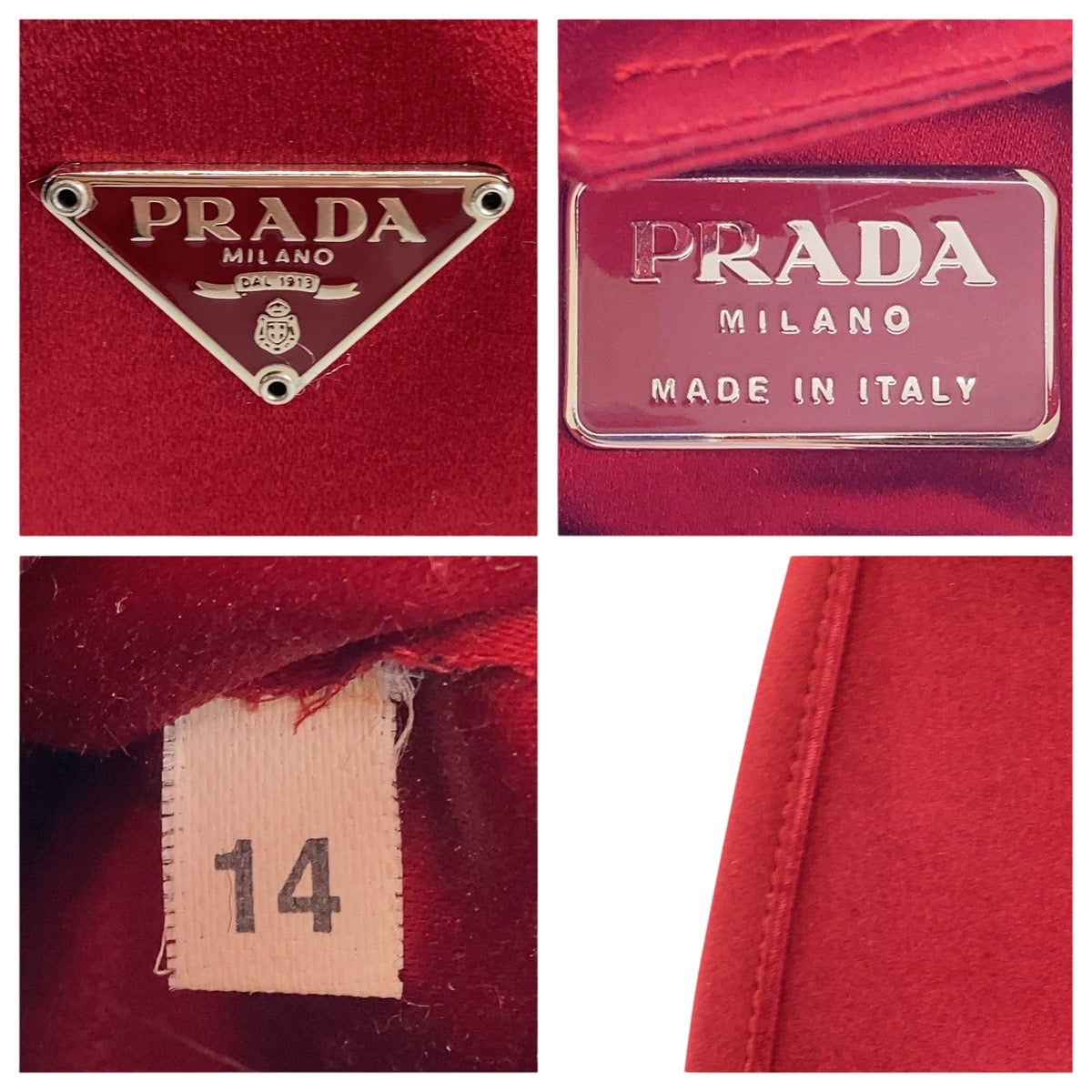 PRADA Shoulder Bag Satin Red Silver Metal Triangle With logo