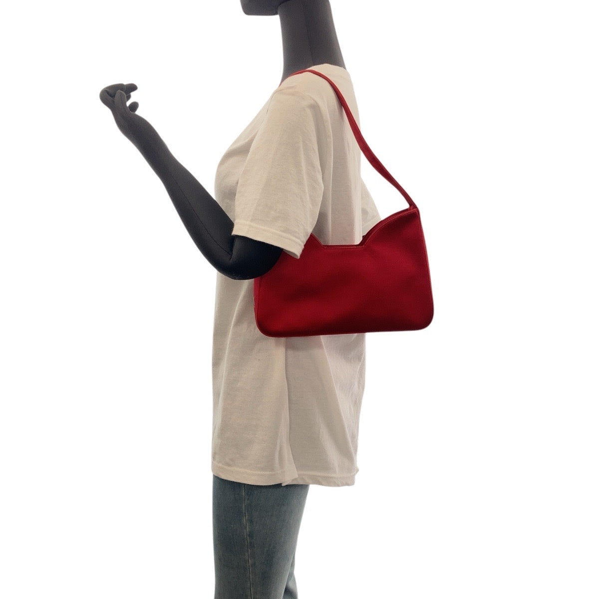 PRADA Shoulder Bag Satin Red Silver Metal Triangle With logo