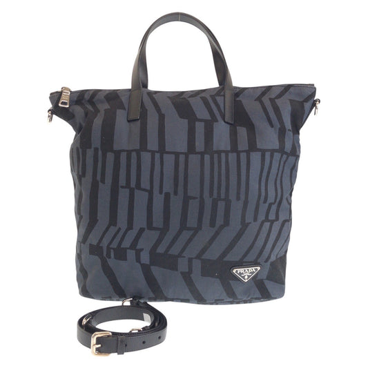 PRADA Tote Bag Canvas, Leather Grey Black SilverMetal Tote Bag Shoulder Bag 2way Triangle With logo Women Used Authentic