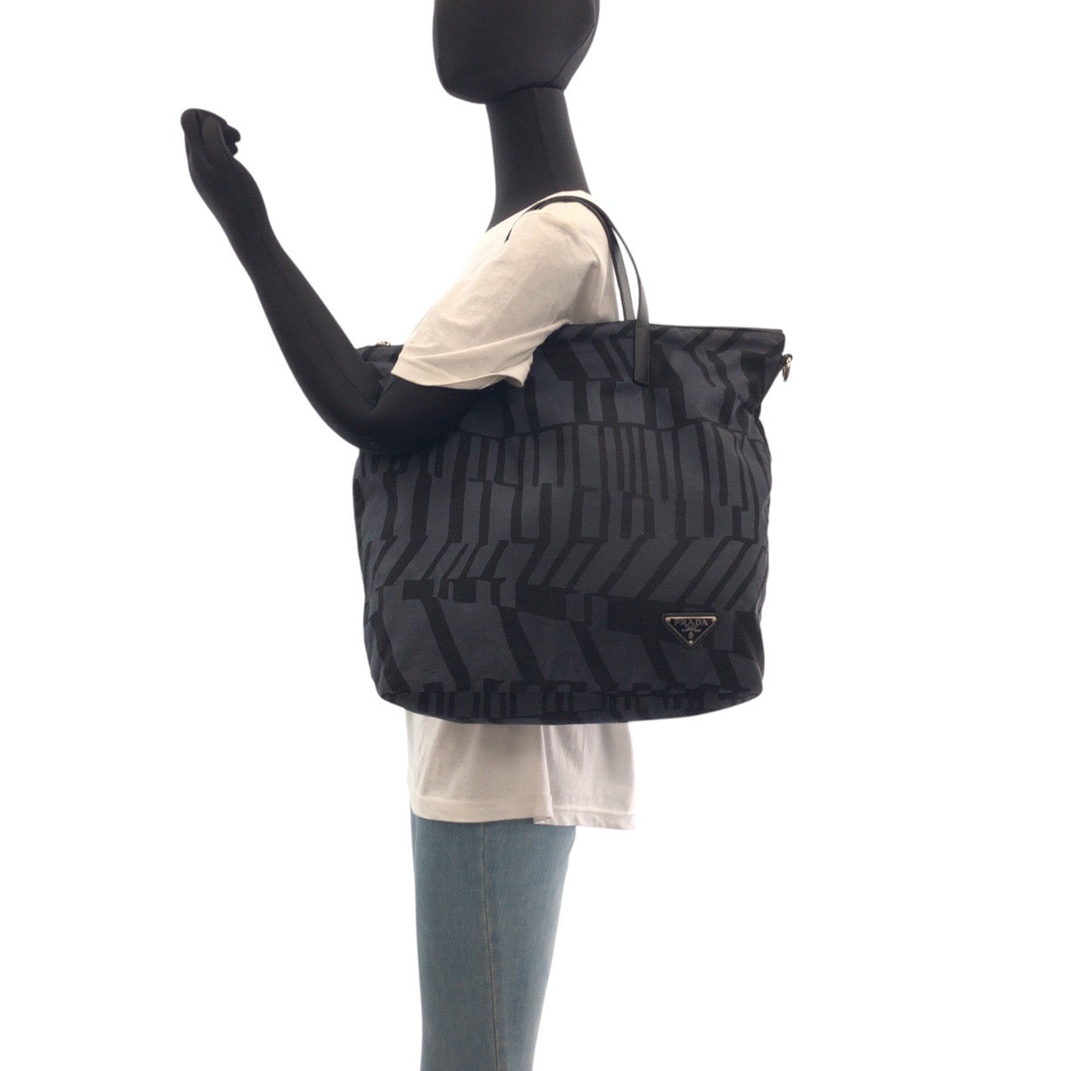 PRADA Tote Bag Canvas, Leather Grey Black SilverMetal Tote Bag Shoulder Bag 2way Triangle With logo Women Used Authentic