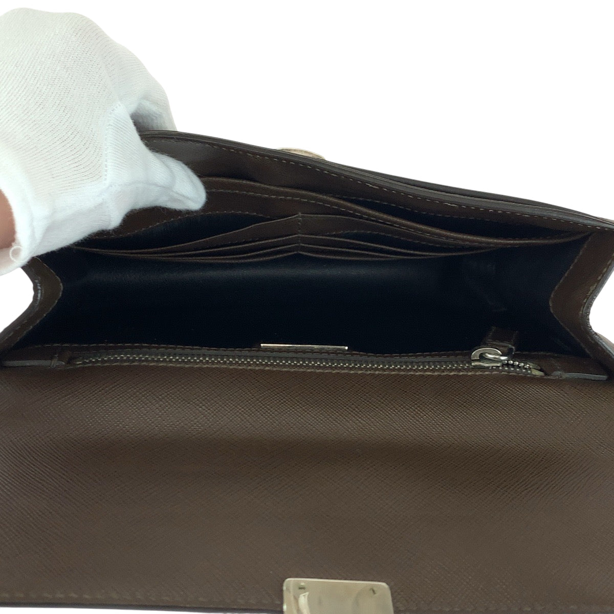 PRADA Clutch bag leather Brown Silver Metal Clutch bag business bag Safiano Triangle With logo mens Used Authentic