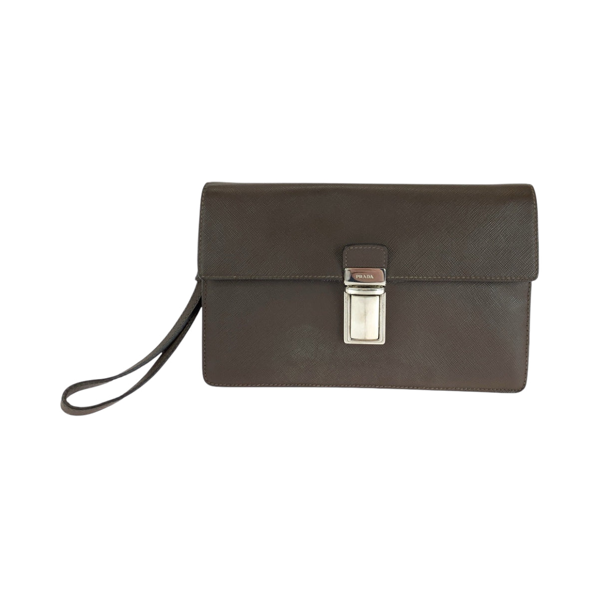 PRADA Clutch bag leather Brown Silver Metal Clutch bag business bag Safiano Triangle With logo mens Used Authentic
