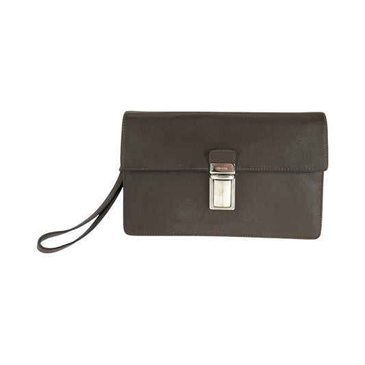 PRADA Clutch bag leather Brown Silver Metal Clutch bag business bag Safiano Triangle With logo mens Used Authentic