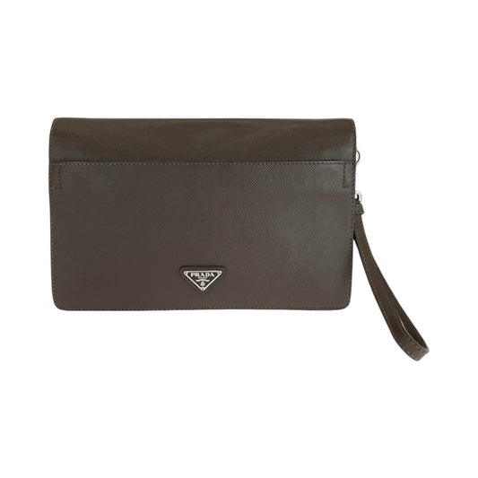 PRADA Clutch bag leather Brown Silver Metal Clutch bag business bag Safiano Triangle With logo mens Used Authentic