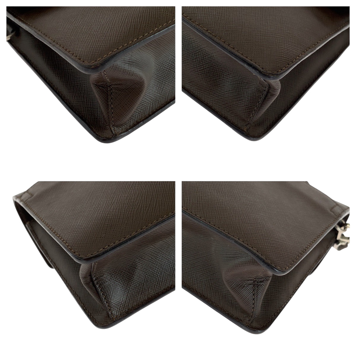 PRADA Clutch bag leather Brown Silver Metal Clutch bag business bag Safiano Triangle With logo mens Used Authentic