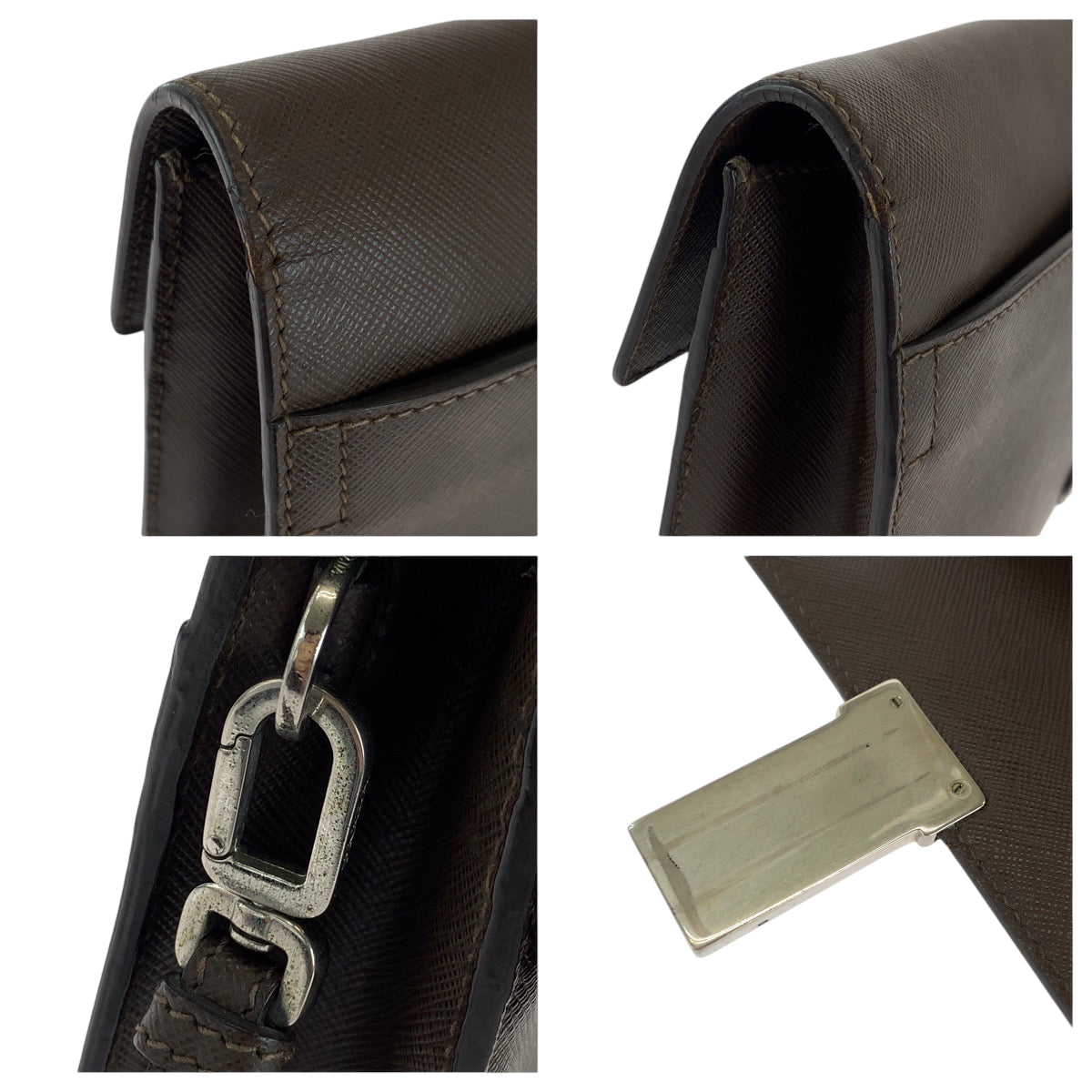 PRADA Clutch bag leather Brown Silver Metal Clutch bag business bag Safiano Triangle With logo mens Used Authentic