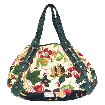 GUCCI Tote Bag 137621 Velour, Leather Green Multicolor SilverMetal Tote Bag Shoulder Bag Horsebit Floral print Women Used Authentic