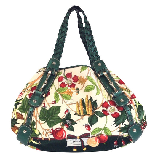 GUCCI Tote Bag 137621 Velour, Leather Green Multicolor SilverMetal Tote Bag Shoulder Bag Horsebit Floral print Women Used Authentic