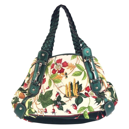 GUCCI Tote Bag 137621 Velour, Leather Green Multicolor SilverMetal Tote Bag Shoulder Bag Horsebit Floral print Women Used Authentic