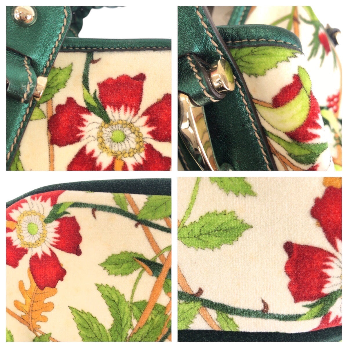 GUCCI Tote Bag 137621 Velour, Leather Green Multicolor SilverMetal Tote Bag Shoulder Bag Horsebit Floral print Women Used Authentic