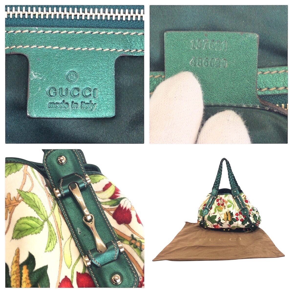 GUCCI Tote Bag 137621 Velour, Leather Green Multicolor SilverMetal Tote Bag Shoulder Bag Horsebit Floral print Women Used Authentic