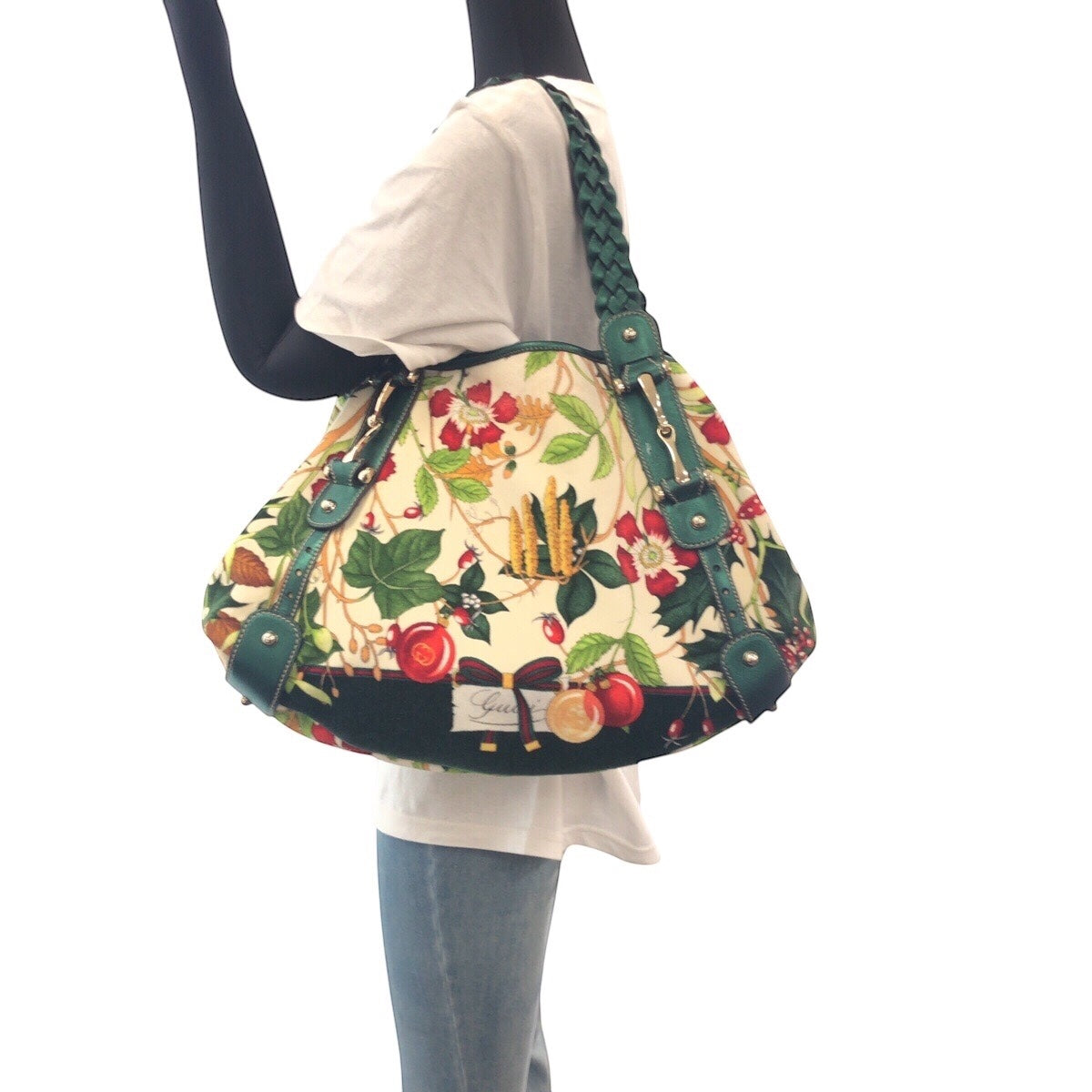 GUCCI Tote Bag 137621 Velour, Leather Green Multicolor SilverMetal Tote Bag Shoulder Bag Horsebit Floral print Women Used Authentic