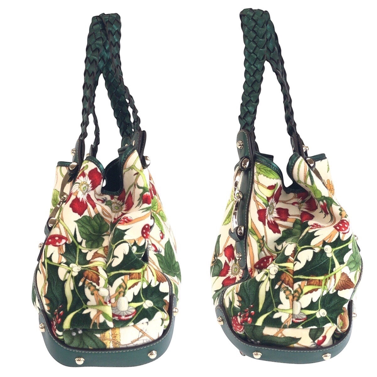 GUCCI Tote Bag 137621 Velour, Leather Green Multicolor SilverMetal Tote Bag Shoulder Bag Horsebit Floral print Women Used Authentic