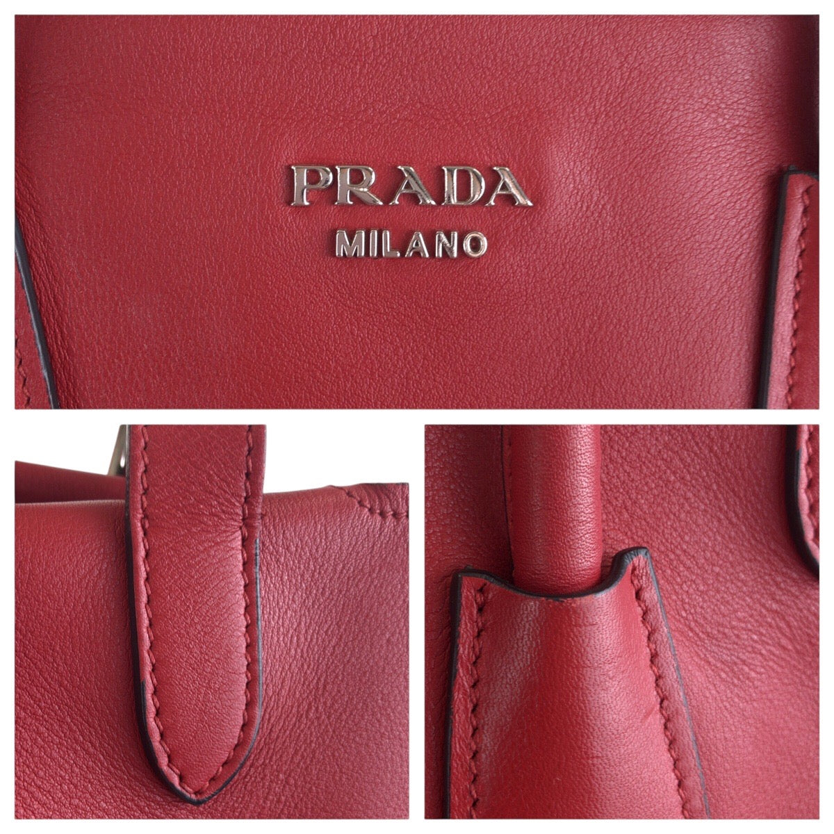 PRADA Tote Bag leather Red Silver Metal Tote Bag Shoulder Bag Women Used Authentic