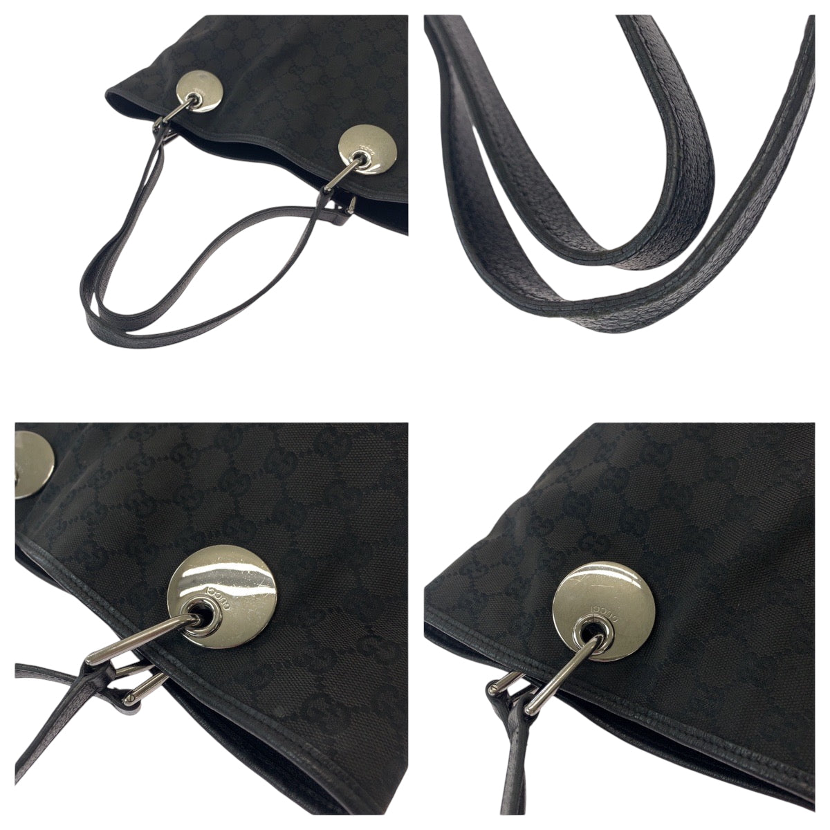 GUCCI Tote Bag 120836 GG canvas Black SilverMetal Tote Bag Shoulder Bag Women Used Authentic