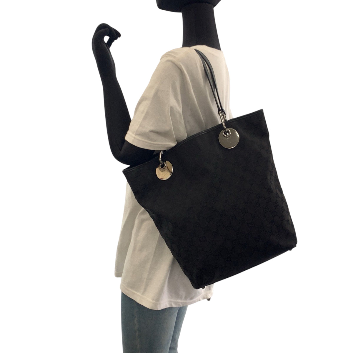GUCCI Tote Bag 120836 GG canvas Black SilverMetal Tote Bag Shoulder Bag Women Used Authentic