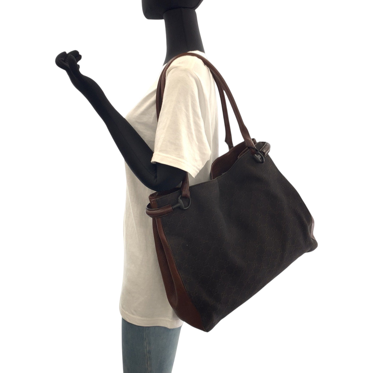 GUCCI Tote Bag 101346 GG canvas Brown Black Metal Tote Bag Shoulder Bag Women Used Authentic