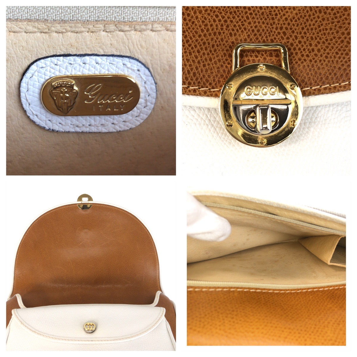 GUCCI Shoulder Bag leather Brown White Gold Metal Shoulder Bag Messenger bag Old Gucci Women Used Authentic