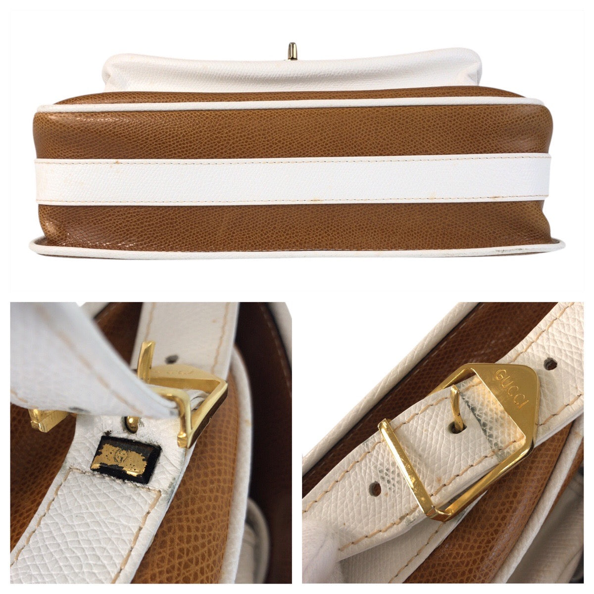 GUCCI Shoulder Bag leather Brown White Gold Metal Shoulder Bag Messenger bag Old Gucci Women Used Authentic