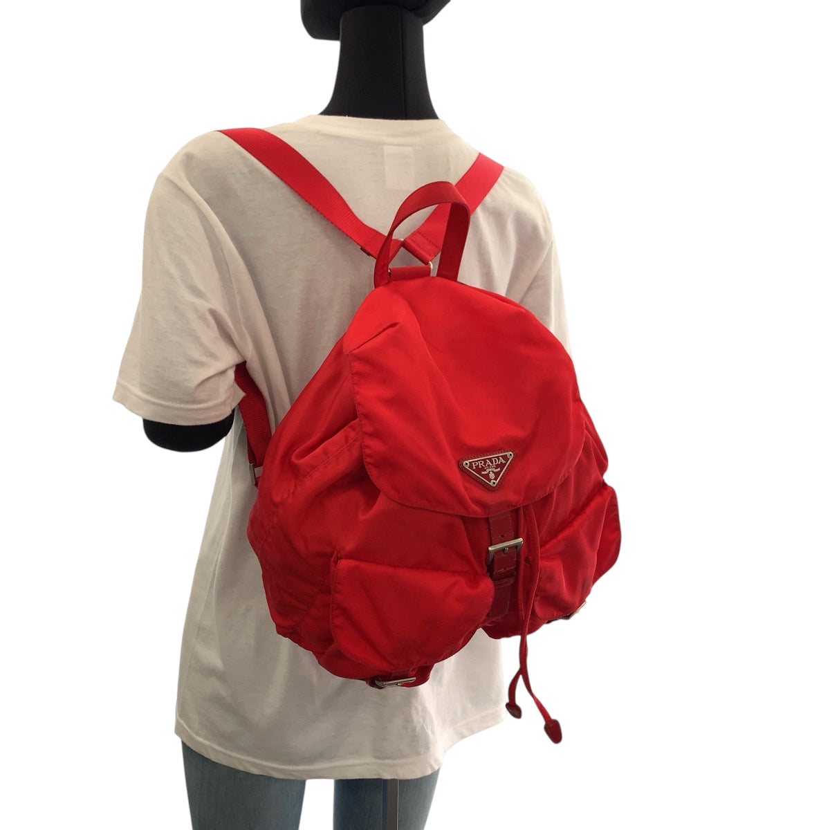 PRADA Backpack Nylon Red Silver Metal Backpack Backpack Test Triangle With logo Women Used Authentic