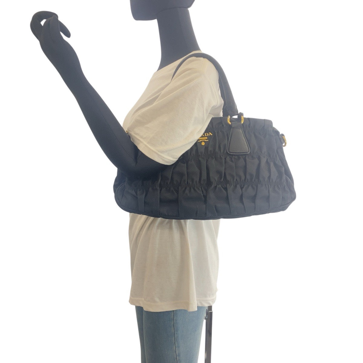 PRADA Shoulder Bag Nylon, Leather Black GoldMetal Shoulder Bag handbag Test Ruched Women Used Authentic