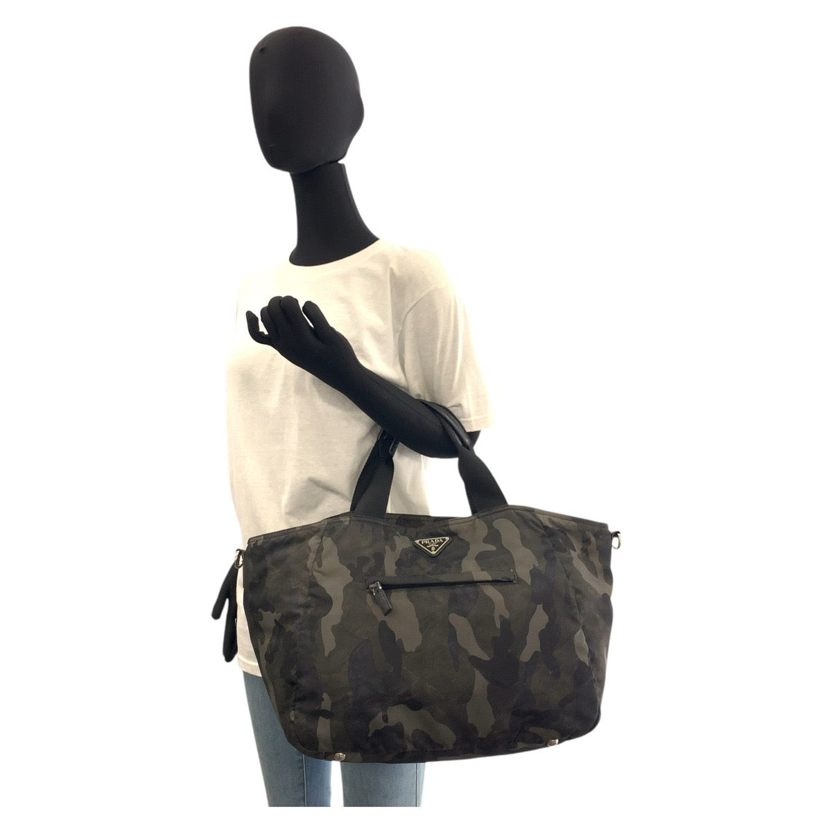 PRADA Tote Bag Nylon Khaki SilverMetal Tote Bag Shoulder Bag 2way Tessuto Camouflage Triangle With logo mens Used Authentic