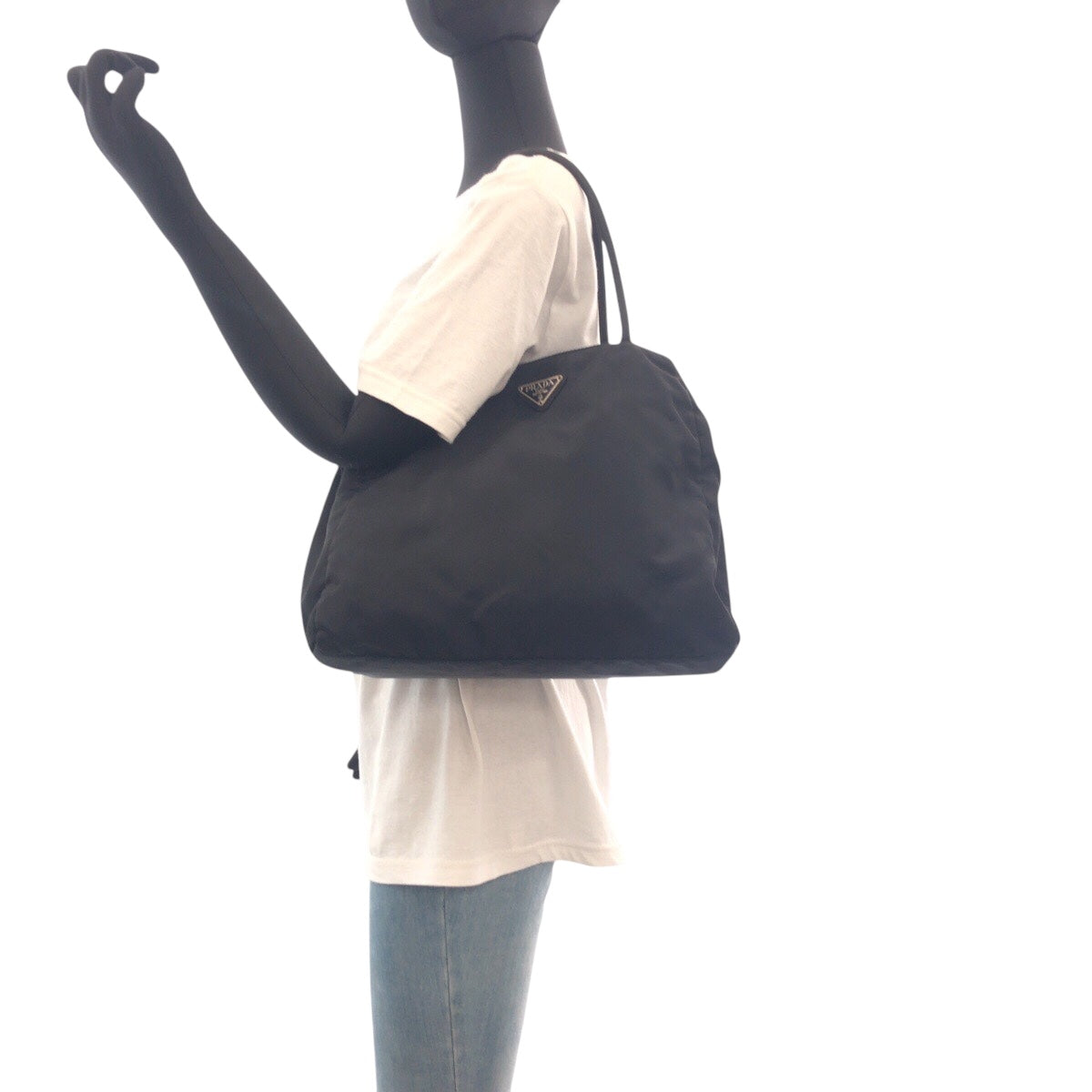 PRADA Tote Bag Nylon Black SilverMetal Tote Bag Shoulder Bag Handbag Test Triangle With logo Women Used Authentic