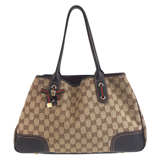 GUCCI Tote Bag GG canvas, leather Beige Brown Gold Metal Tote Bag Shoulder Bag Sherry line Women Used Authentic