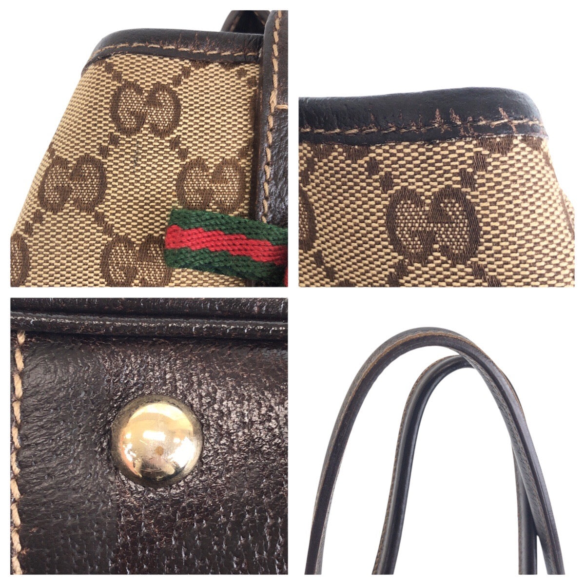 GUCCI Tote Bag GG canvas, leather Beige Brown Gold Metal Tote Bag Shoulder Bag Sherry line Women Used Authentic