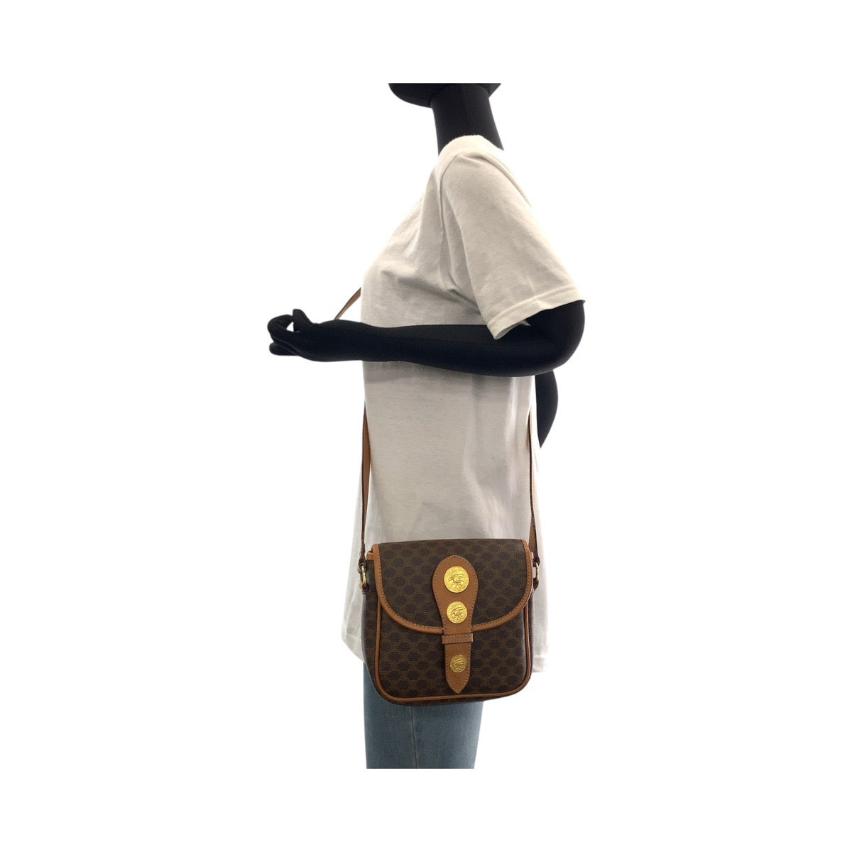 CELINE Shoulder Bag PVC, Leather Brown Gold Metal Shoulder Bag pochette Macadam Medal Women Used Authentic