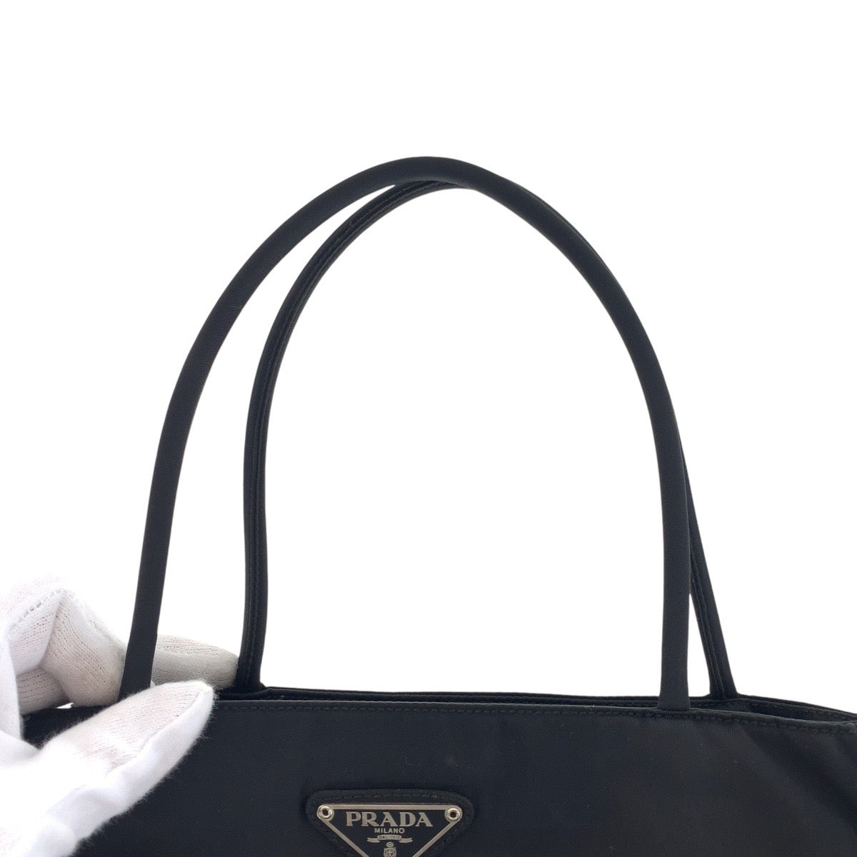 PRADA Tote Bag Nylon Black SilverMetal Tote Bag handbag Test Triangle With logo Women Used Authentic