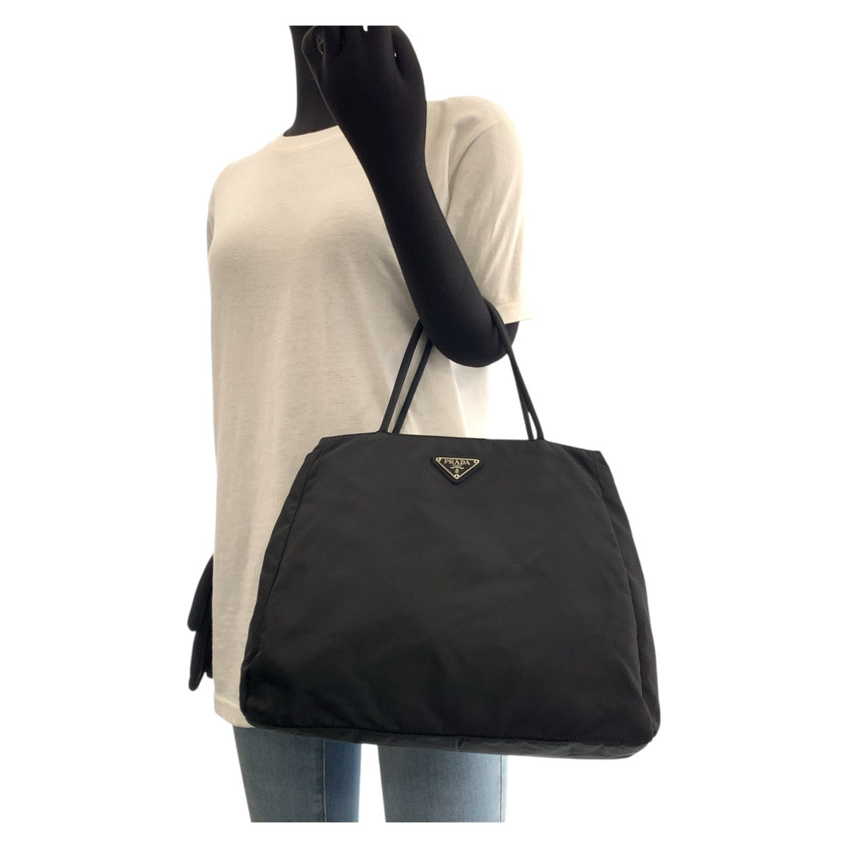PRADA Tote Bag Nylon Black SilverMetal Tote Bag handbag Test Triangle With logo Women Used Authentic