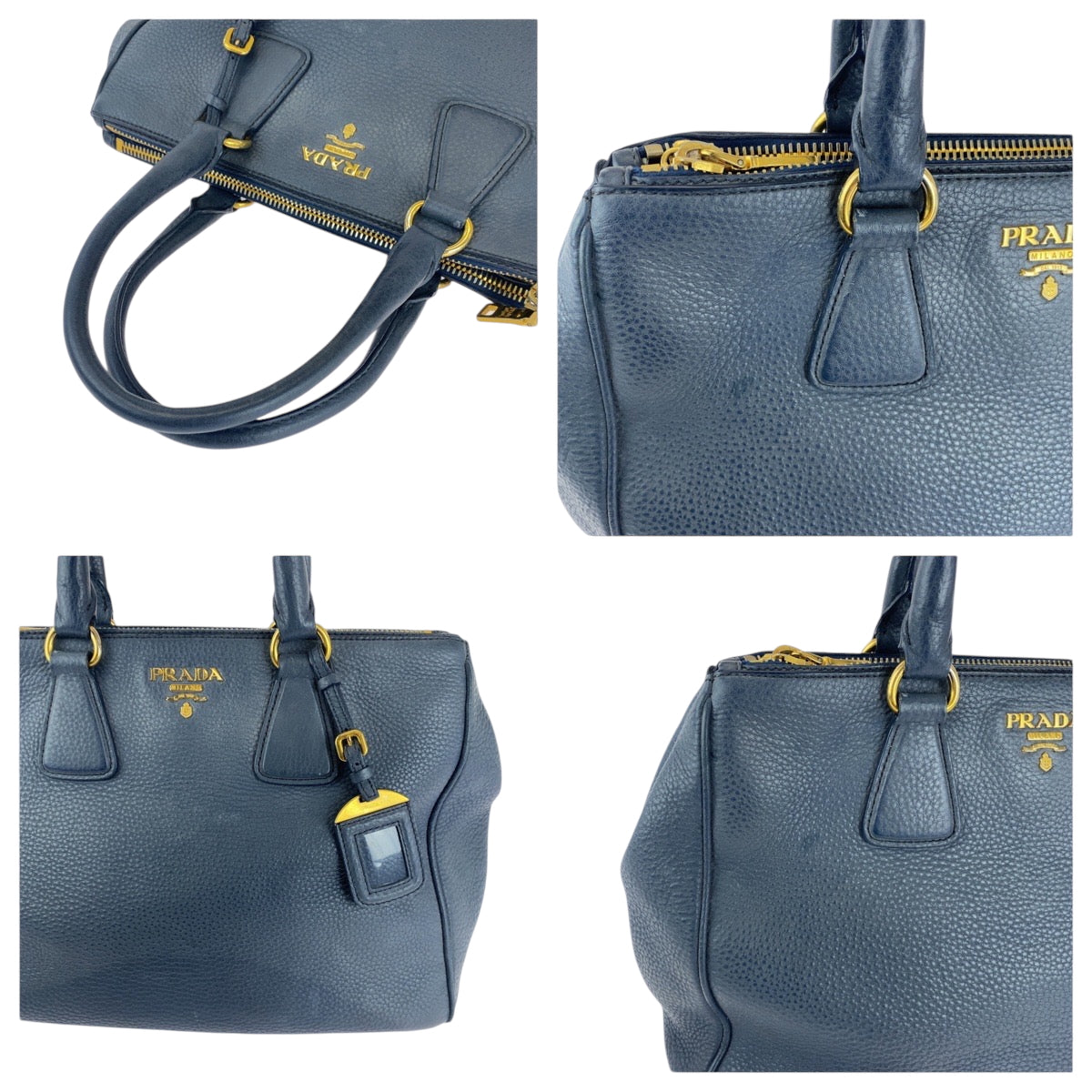 PRADA Tote Bag BN2420 leather Blue GoldMetal Tote Bag handbag Vitterodino logo Women Used Authentic