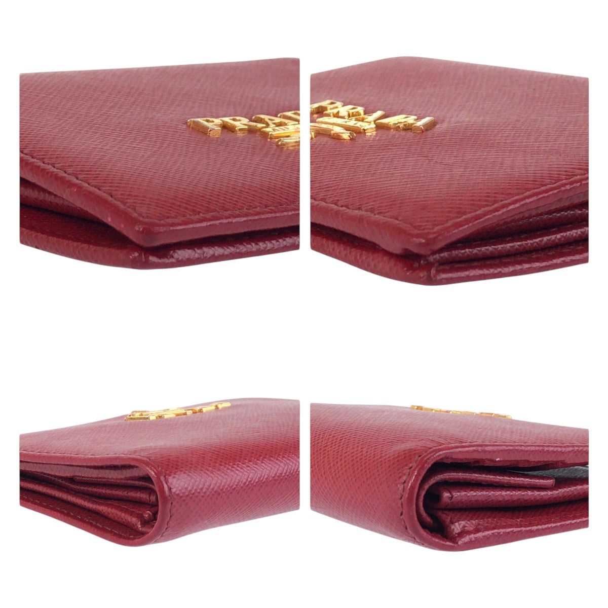 PRADA Bifold Wallet leather Red Gold Metal Folding wallet Compact wallet Safiano Women Used Authentic
