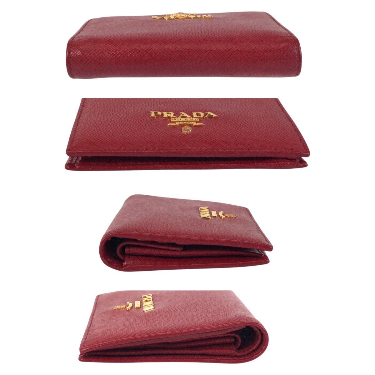 PRADA Bifold Wallet leather Red Gold Metal Folding wallet Compact wallet Safiano Women Used Authentic