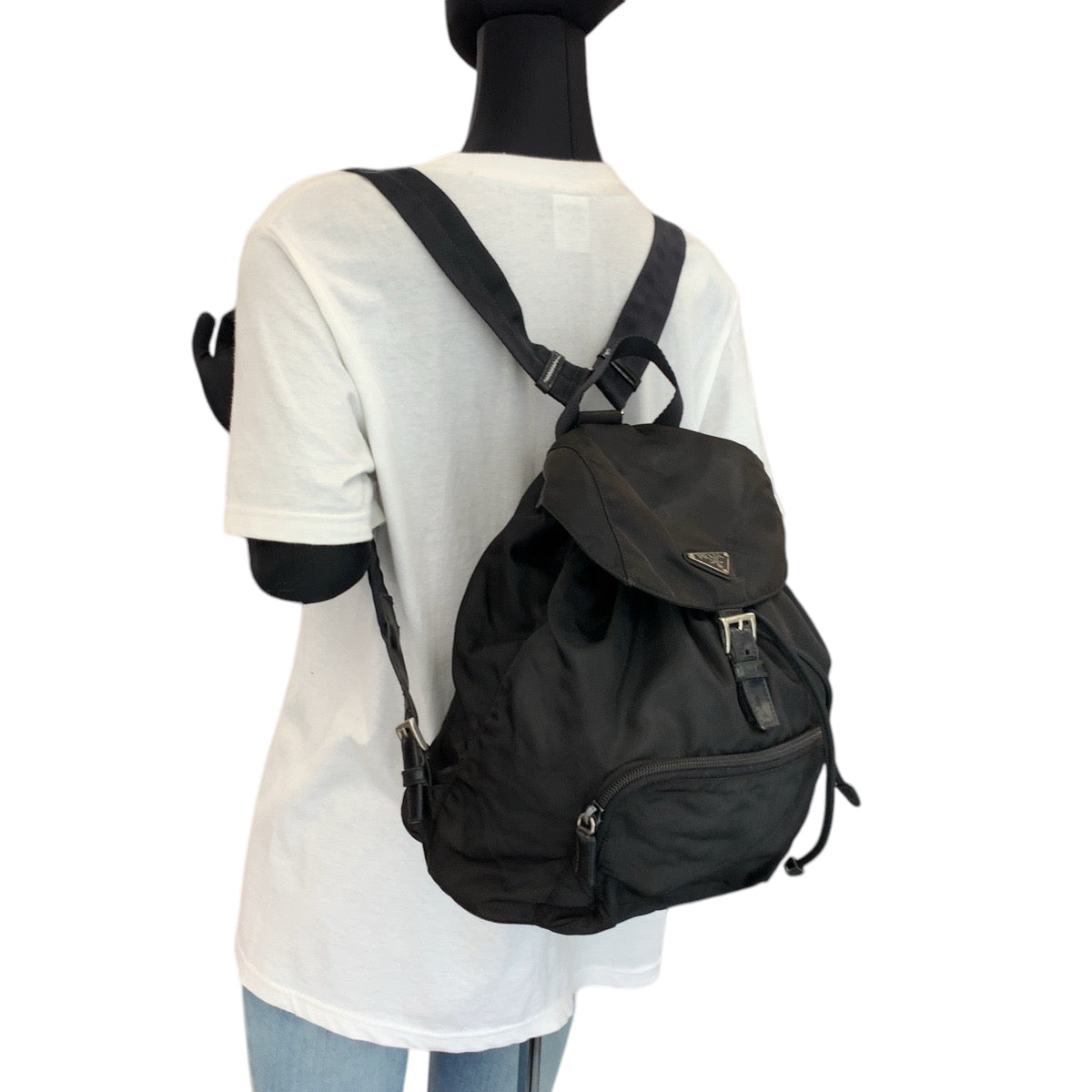 PRADA Backpack Nylon Black SilverMetal Backpack Backpack Test Triangle With logo Women Used Authentic