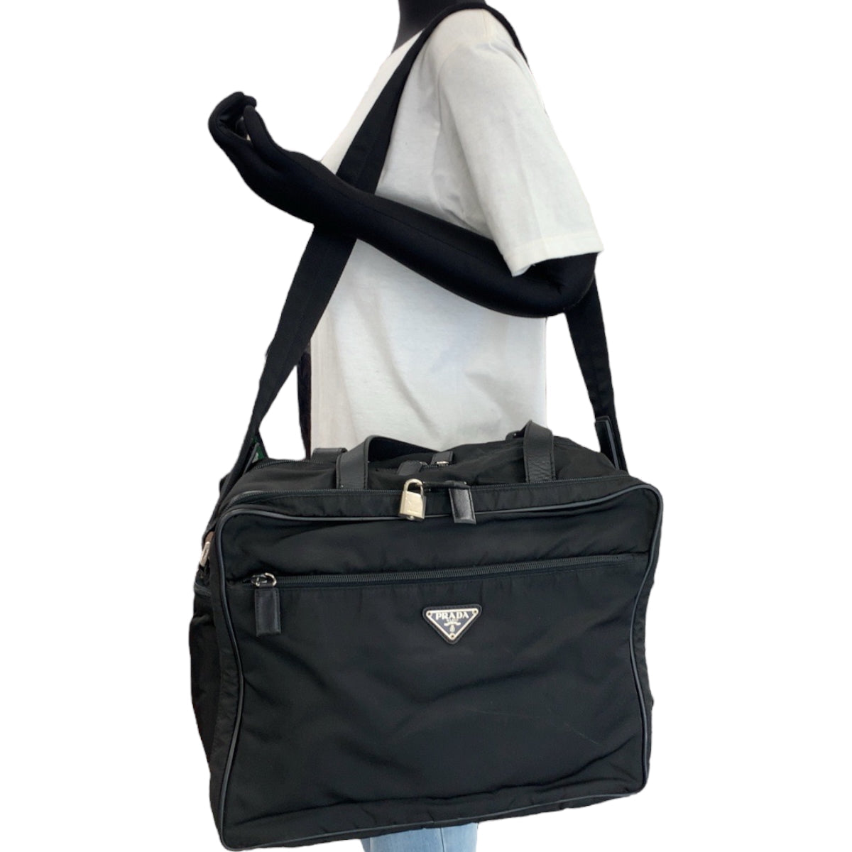PRADA Business bag V453 Nylon Black SilverMetal Business Bag Briefcase Shoulder Bag 2way Test Triangle With logo mens Used Authentic