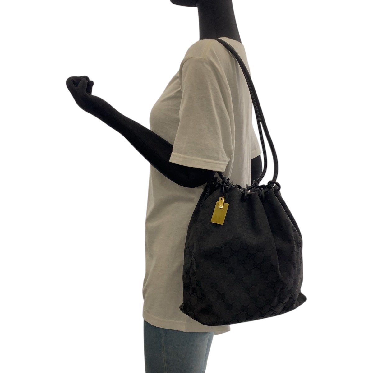 GUCCI Shoulder Bag 90644 GG canvas Black Black Metal Drawstring Shoulder Bag Handbag Women Used Authentic