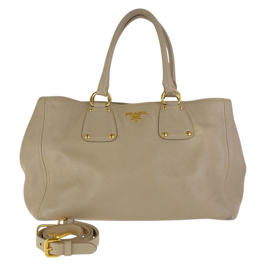 PRADA Tote Bag leather Beige Gold Metal Tote Bag Shoulder Bag 2WAY Vitterodino Women Used Authentic