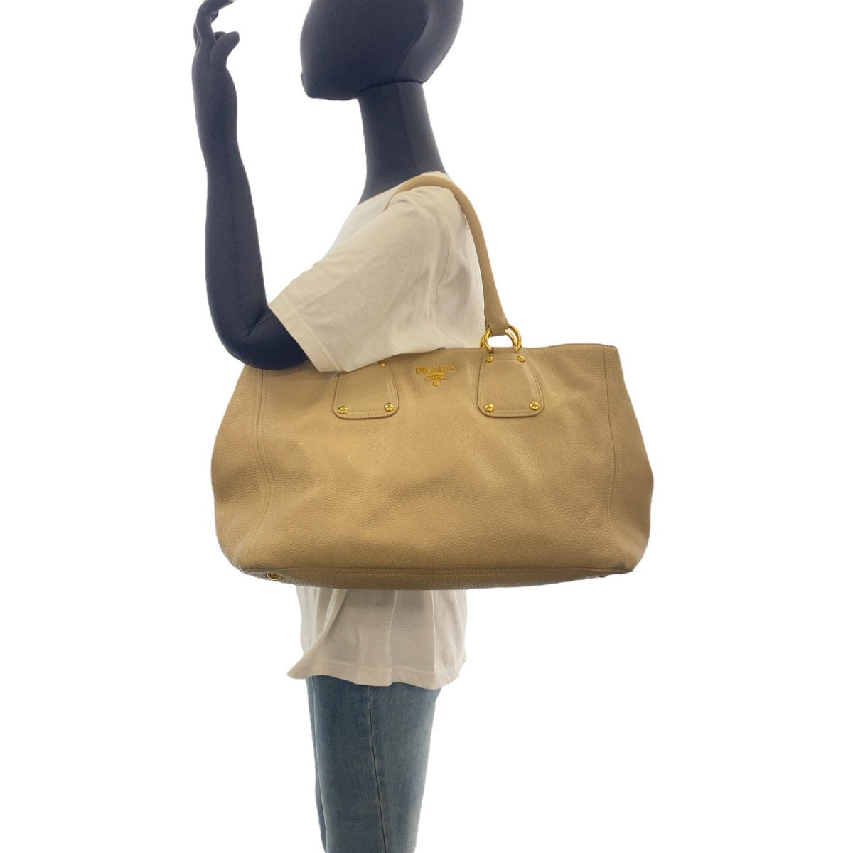 PRADA Tote Bag leather Beige Gold Metal Tote Bag Shoulder Bag 2WAY Vitterodino Women Used Authentic