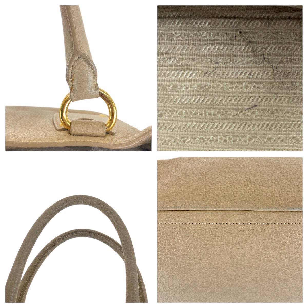 PRADA Tote Bag leather Beige Gold Metal Tote Bag Shoulder Bag 2WAY Vitterodino Women Used Authentic