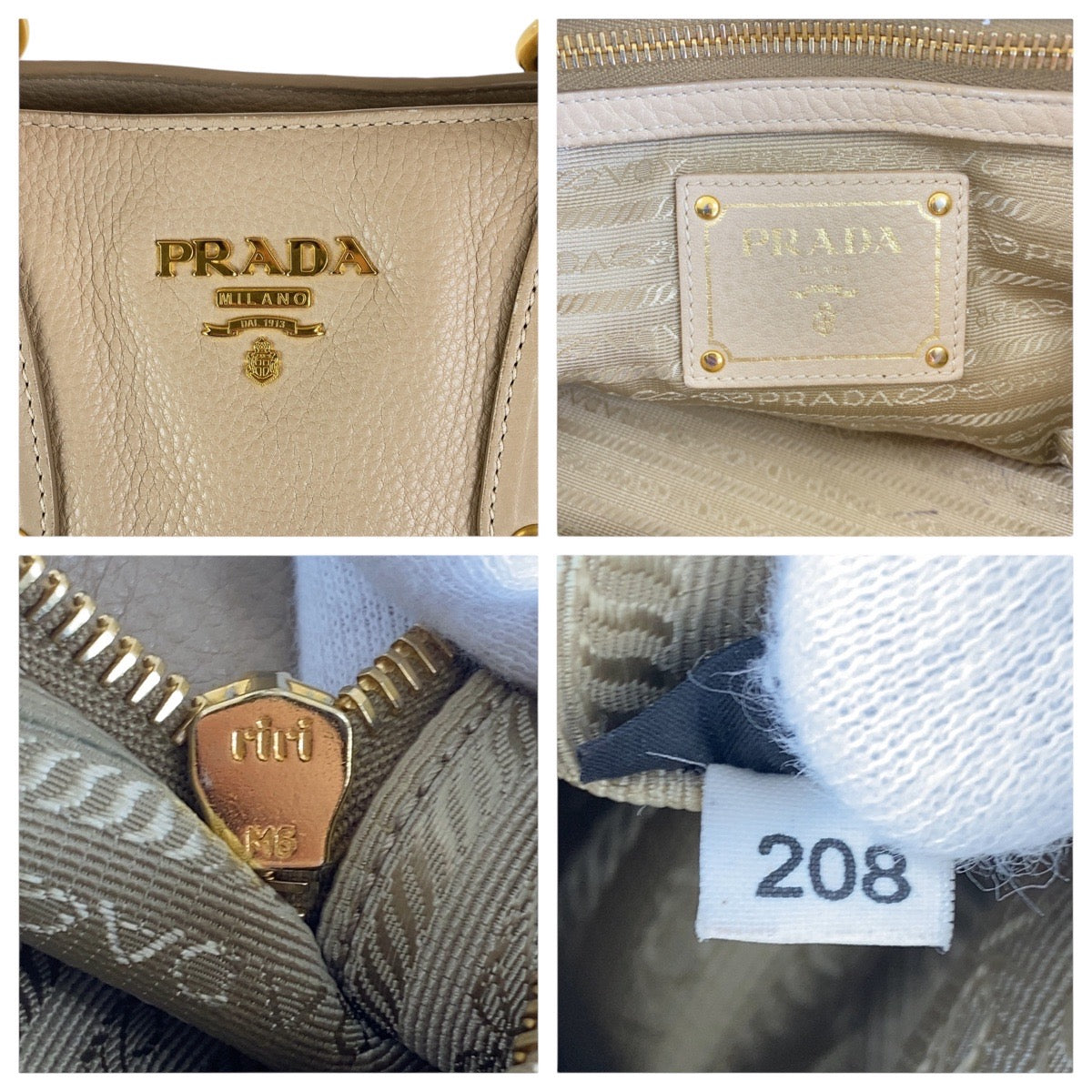 PRADA Tote Bag leather Beige Gold Metal Tote Bag Shoulder Bag 2WAY Vitterodino Women Used Authentic