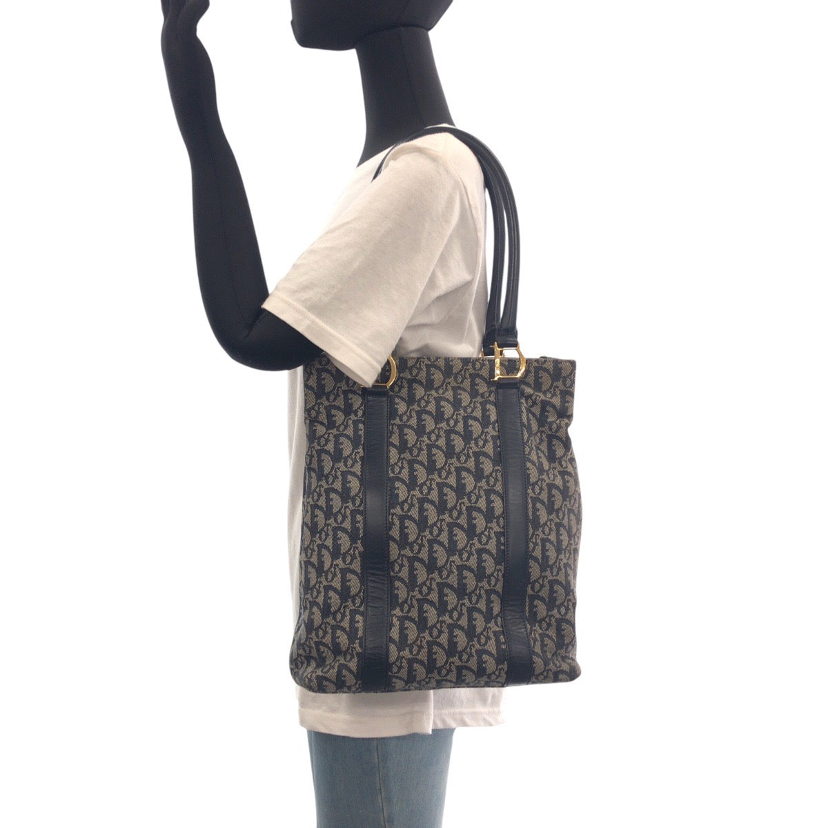 Dior Tote Bag Canvas, Leather Navy Gold Metal Tote Bag Shoulder Bag Trotter Women Used Authentic